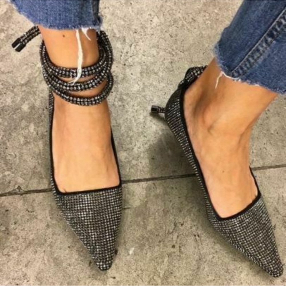Zara trafuc black rhinestone wrap kitten sexy heels 49 9 Nwb
